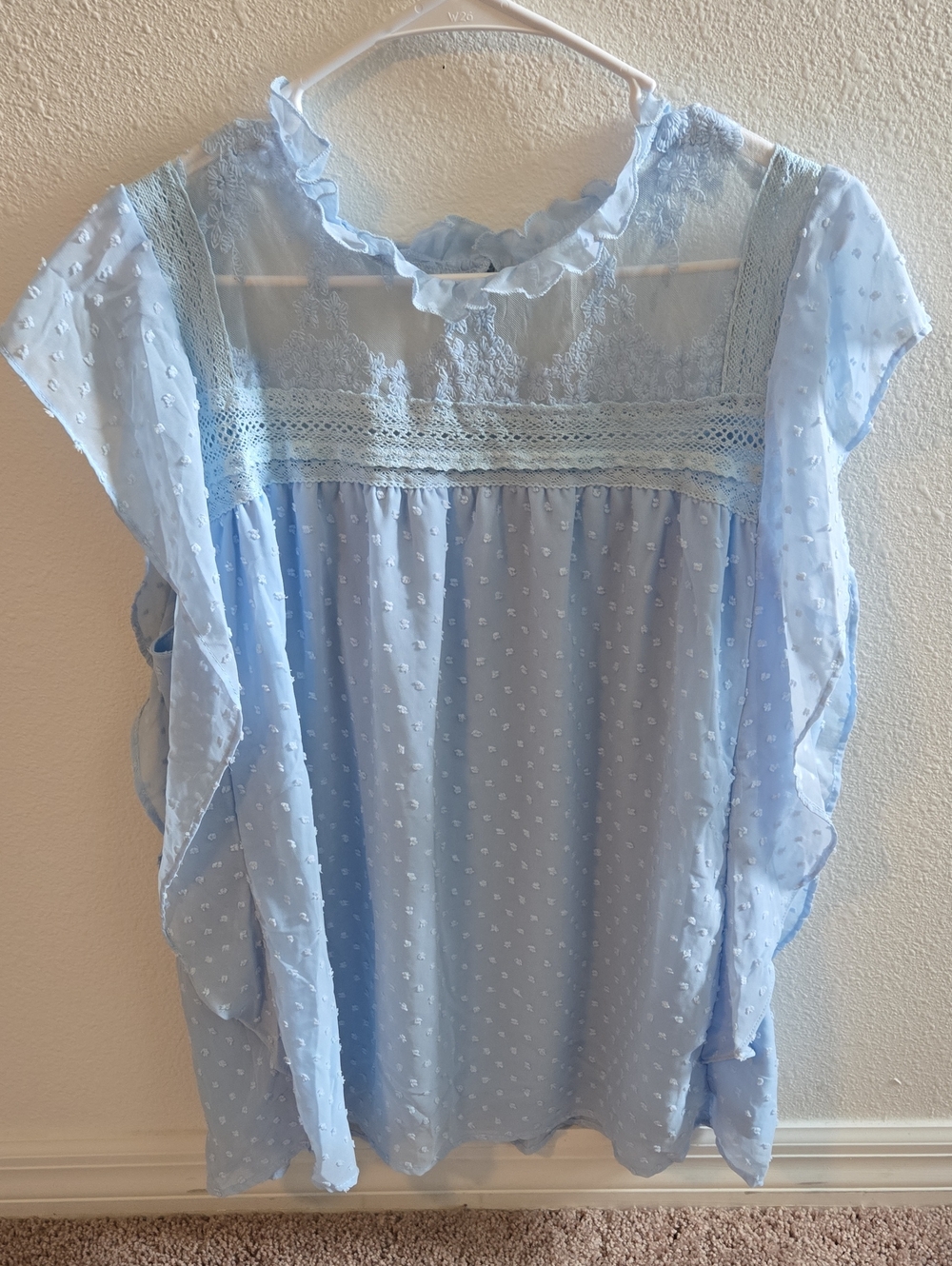 Light Blue Swiss Dot Ruffle Neck Women's Top